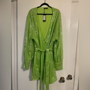 BooHoo Plus Size Lime Green Sequin Wrap Dress with Tie and Snap Closure